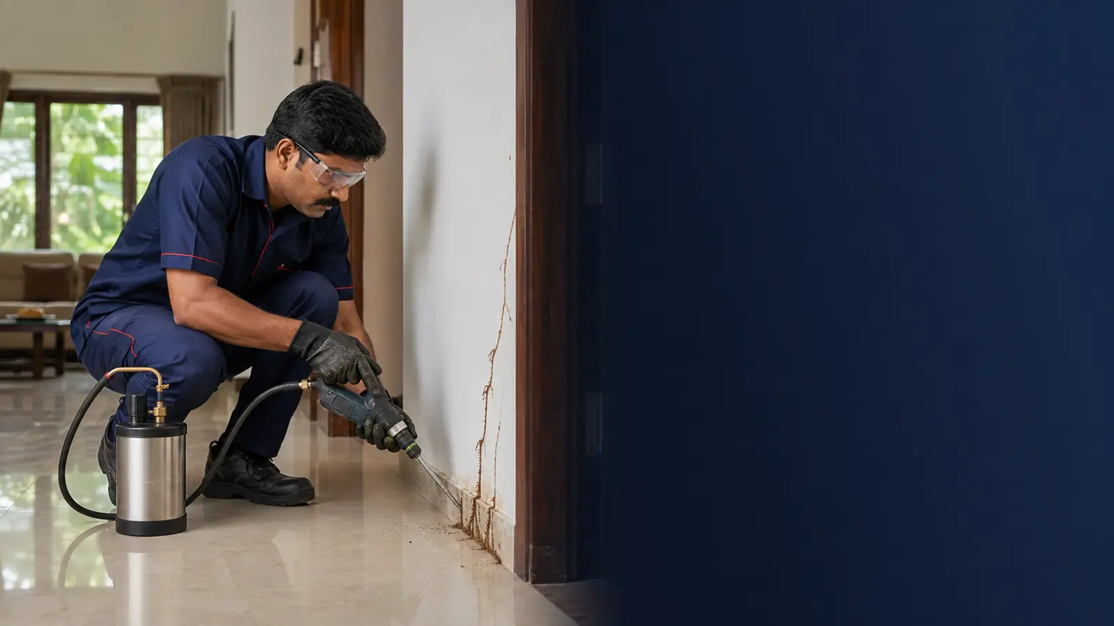Post-construction termite drill-and-inject treatment technician in Bangalore