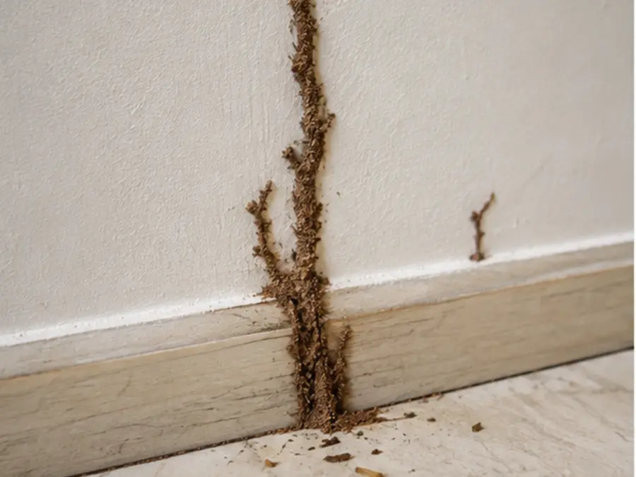 Termite mud tubes on wall and skirting