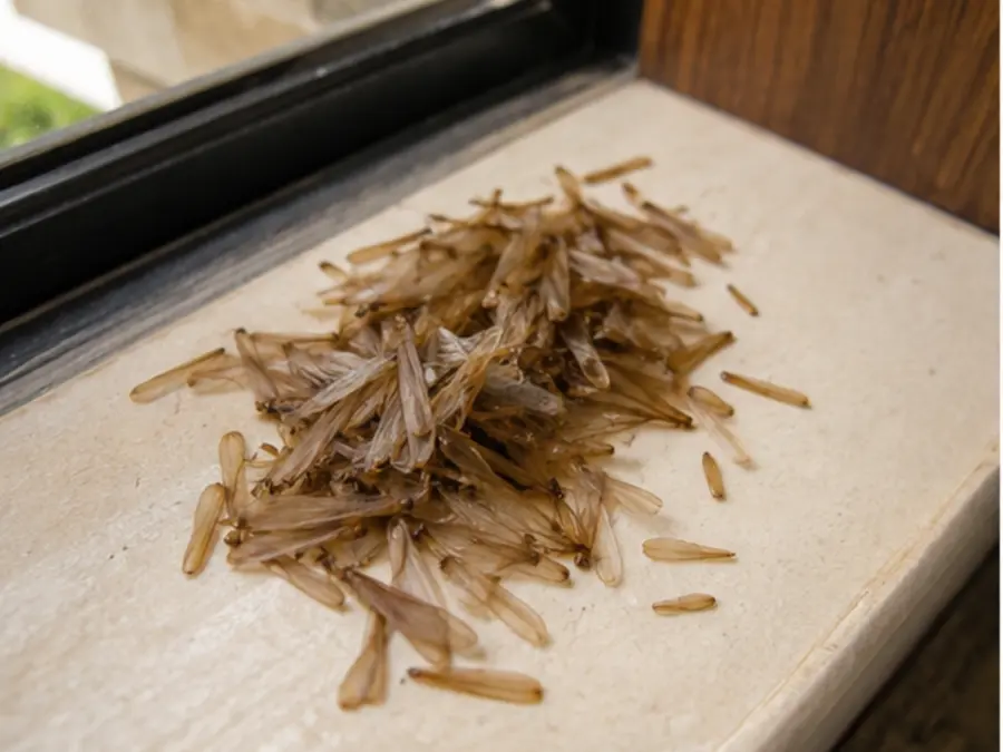 Discarded termite wings near wooden fixture